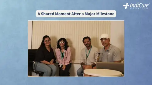 A group photo of Jason and the IndiCure team celebrating a major milestone after his medical treatment in Mumbai.